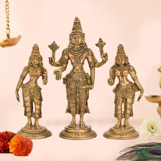 The Advitya Brass Vishnu With Bhudevi & Sridevi Statue | Set of 3 | Satya Narayan Swami Statue for Home Pooja