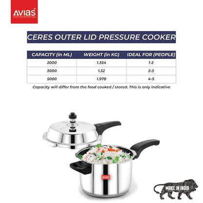Avias Ceres Stainless Steel Outer Lid Pressure Cooker 1.2mm Thickness Cooker 5 Litres