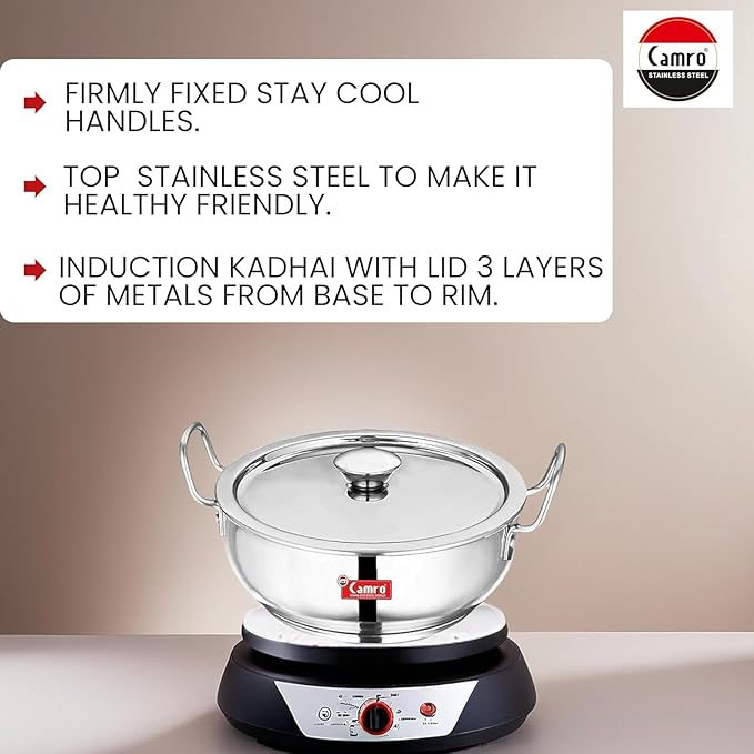Camro Kadhai Induction Bottom with Lid 1.2 Liters kadhai Steel Stainless Kadhai for Deep Frying