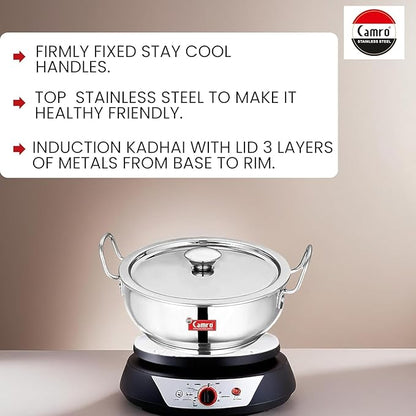 Camro Kadhai Induction Bottom with Lid 1.2 Liters kadhai Steel Stainless Kadhai for Deep Frying