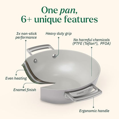 Ember Cookware Arcilla Ceramic Non Stick Kadai 24cm | Metallic Lid | Stainless Steel Handles | Grey