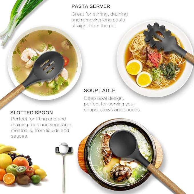P-Plus International Silicone Cooking Utensils Heat Resistant Wooden Handles Kitchen Gadgets Tools Black