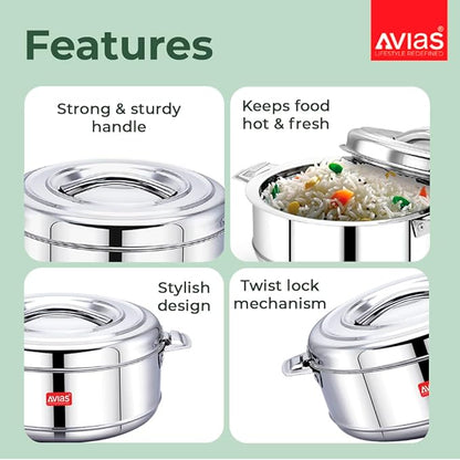 Avias Astra Double Wall Insulated Stainless Steel Casserole 1500 ml Silver Hot Pot for Rice Gravy Curry
