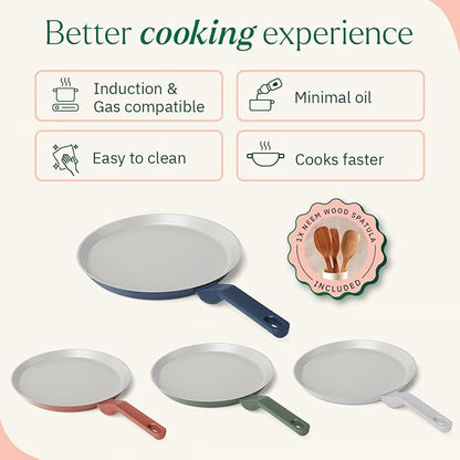 Ember Cookware Arcilla Ceramic Non Stick Dosa Tawa 28cm | Matching Handle | Florence Series | Blue