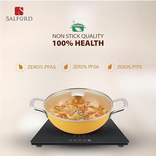 Salford Forged Ceramic Non-stick Kadai With Glass Lid & Tubular Ss Handle | Mustard Yellow | 240mm | 2.5 Litre
