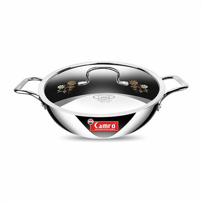 Camro Triply Artisian Kadhai With Lid 30 cm 5.1 Liters kadhai Steel Stainless Kadhai For Deep Frying