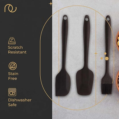 Frenchware Silicone Spatula for Kitchen | Set of 3, Black | Non Stick Small Spatula, Spoon & Brush for Cooking & Baking