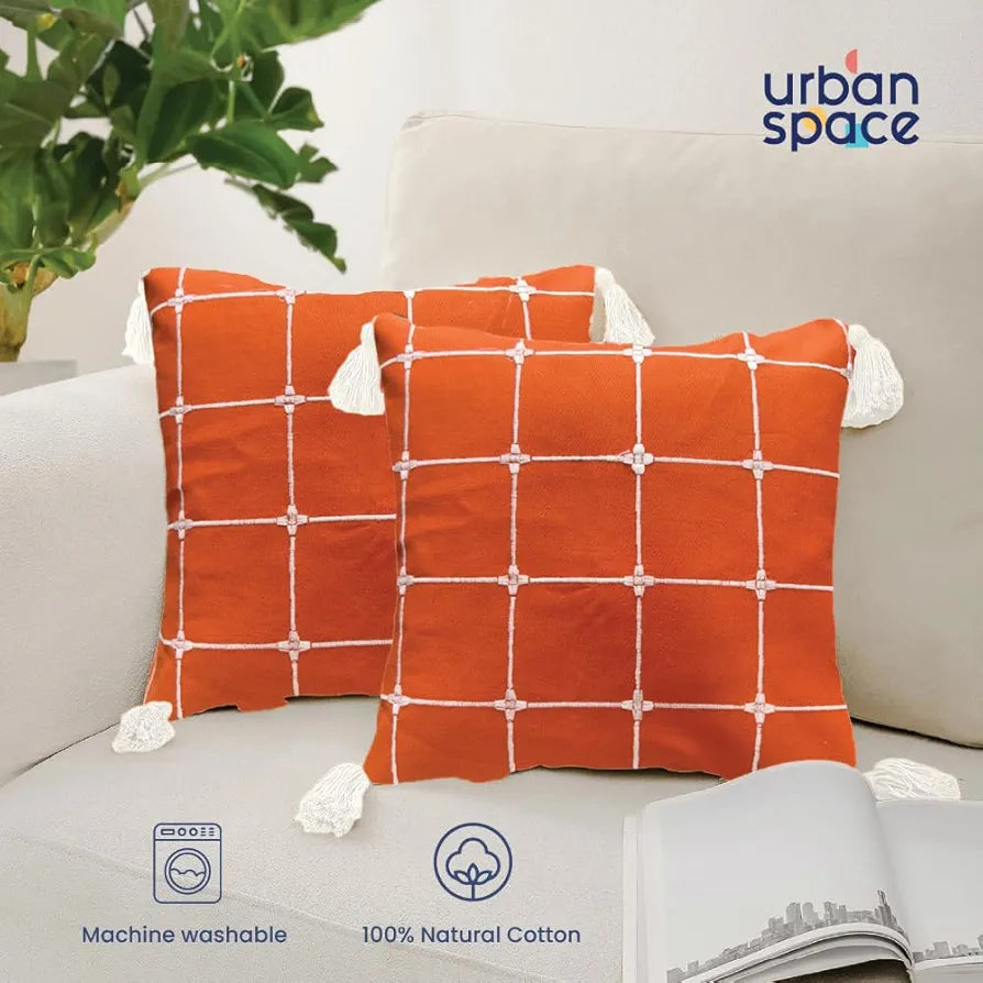 Urban Space Embroidered Cotton Cushion Cover Set of 2 Cushion Covers for Sofa, Bedroom, Living Room Colour Aura Checks Orange