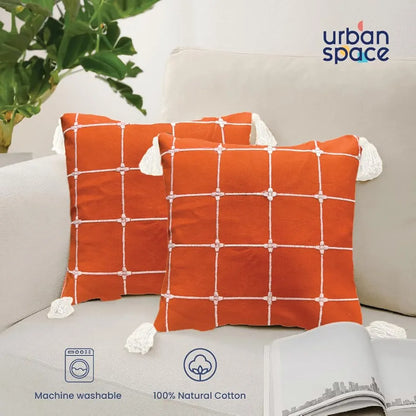 Urban Space Embroidered Cotton Cushion Cover Set of 2 Cushion Covers for Sofa, Bedroom, Living Room Colour Aura Checks Orange
