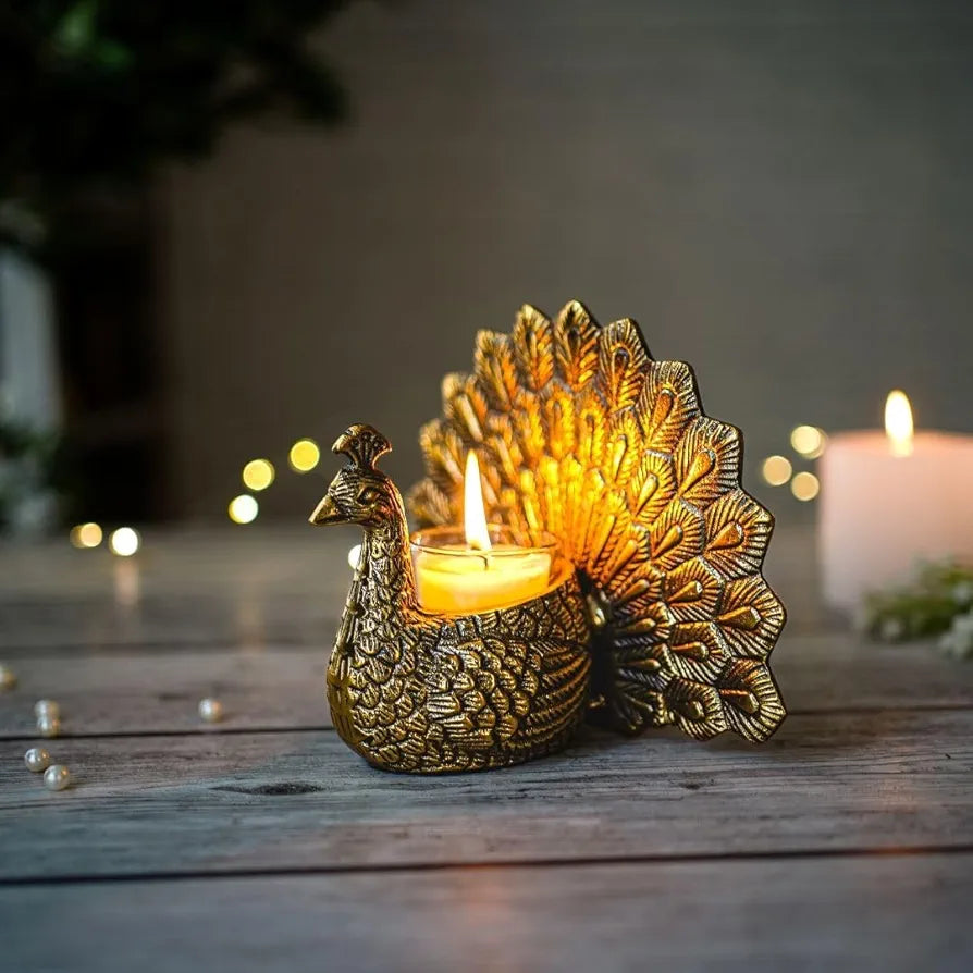 Behoma Metal Dancing Peacock Figurine for Good Luck and Love | Candle Holder for Home Dcor Tabletop Living | Showpiece for Valentine's Day, Birthday , Gold