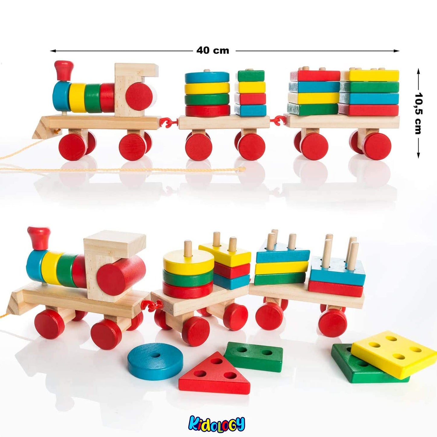 Kidology Wooden Train Geometric Shape Sorter & Stacking Blocks Toddler Toys for Kids