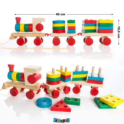 Kidology Wooden Train Geometric Shape Sorter & Stacking Blocks Toddler Toys for Kids
