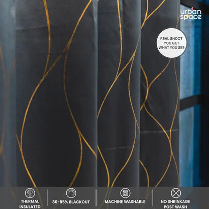 Urban Space Blackout Curtain for Living Room, Gold Foil Printed Luxurious Blackout Decorative Curtain Eyelet with Tieback Curtains 1 Piece Wave Stone Gray