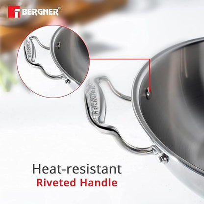Bergner Argent Triply Stainless Steel 28 Cm Deep Kadai With Stainless Steel Lid | 5.7 L Deep Kadhai With Lid