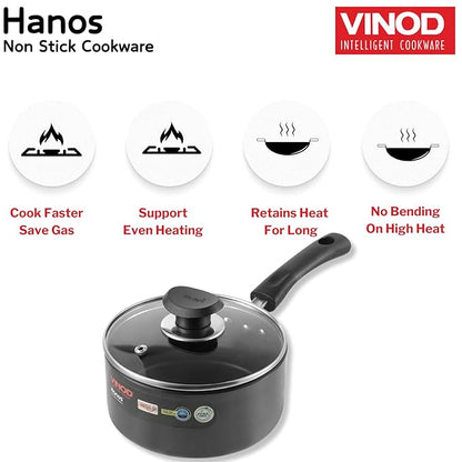 Vinod Hanos Hard Anodised Non Stick Saucepan with Lid - 1.7 Litre, 16 cm | 3.25mm Thick | 5X Long Lasting