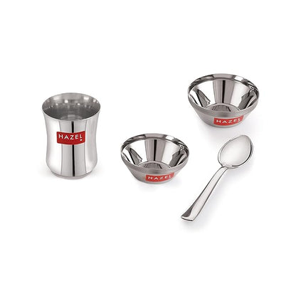 Hazel Stainless Steel Dinner Set for Kids Baby Dinner Set Combo of Steel Plate Glass Bowl & Spoon