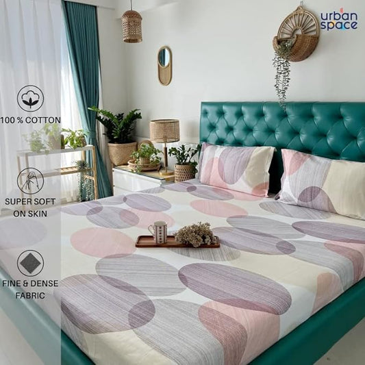 Urban Space Cotton Bedsheet for Double Bed 2 Pillow Cover (Colour Oval Pink)