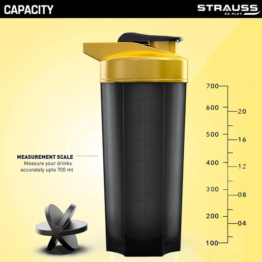 Strauss Recharge Shaker Bottle BPA-Free | Protein Shaker with Blender Ball | Black/Yellow