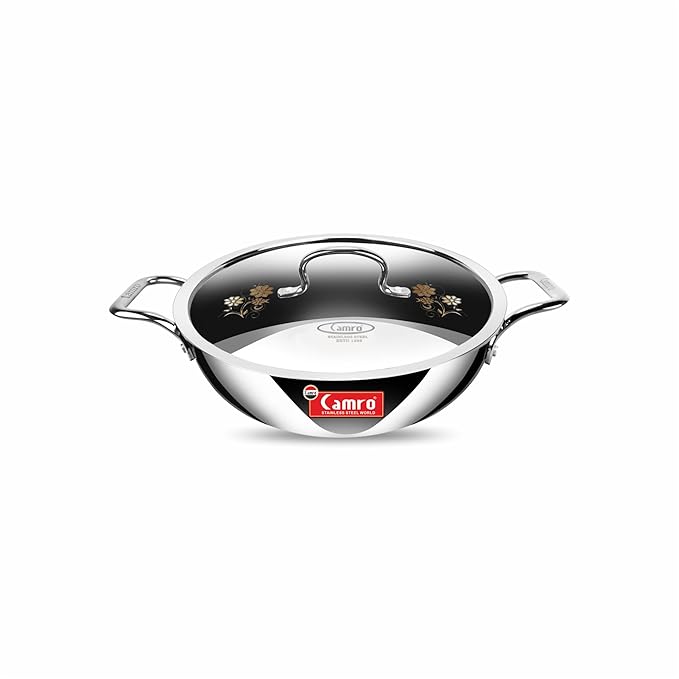 Camro Triply Artisian Kadhai With Lid 24 cm 2.4 Liters kadhai Steel Stainless Kadhai For Deep Frying