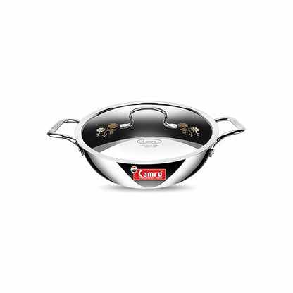 Camro Triply Artisian Kadhai With Lid 24 cm 2.4 Liters kadhai Steel Stainless Kadhai For Deep Frying