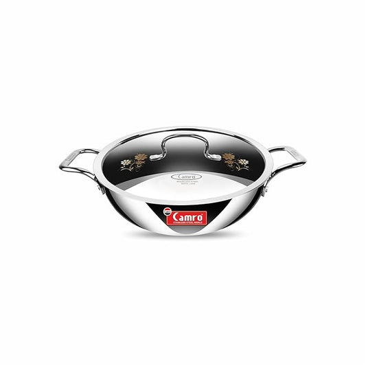 Camro Triply Artisian Kadhai With Lid 24 cm 2.4 Liters kadhai Steel Stainless Kadhai For Deep Frying
