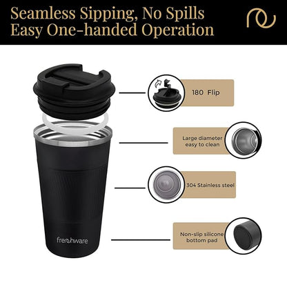 Frenchware Coffee Mug | 510 Ml | Tumbler, Flask for Tea Coffee, Insulated Coffee Mug | Coffee Mug With Leakproof Lid | Black