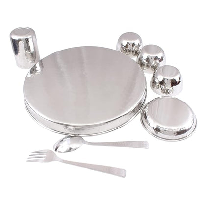 Indian Art Villa Pure Steel Hammered 8 Piece Thali Set Includes Thali Bowls - 580 gms