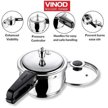 Vinod Splendid Plus Stainless Steel Pressure Cooker Outer Lid 1.5 Litre | SAS Bottom Handi Cooker | Extra Glass Lid