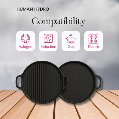 Human Hydro Pre-Seasoned 2-in-1 Cast Iron Grill Tawa 30cm Reversible Induction Gas