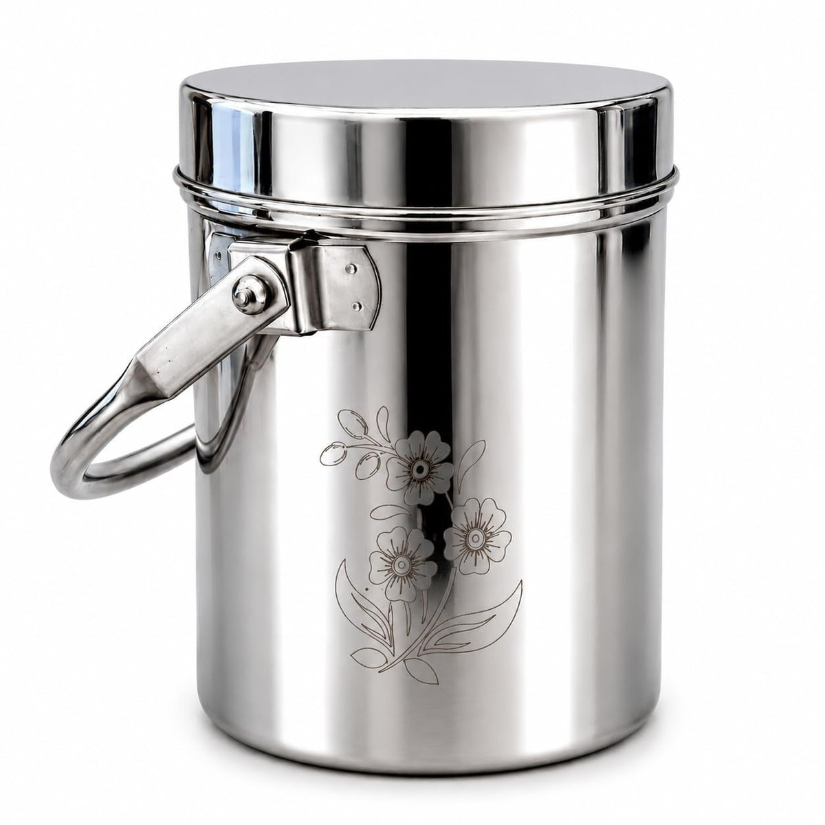 KC Stainless Steel Multipurpose Storage Container, Milk Pot with Airtight Lid, Handle, Floral Engraved - (1 litres)