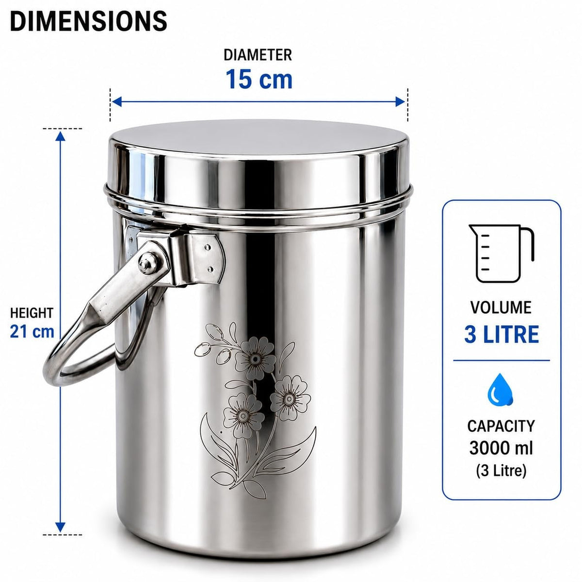 KC Stainless Steel Multipurpose Storage Container, Milk Pot with Airtight Lid, Handle, Floral Engraved - (1 litres)