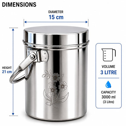 KC Stainless Steel Multipurpose Storage Container, Milk Pot with Airtight Lid, Handle, Floral Engraved - (1 litres)