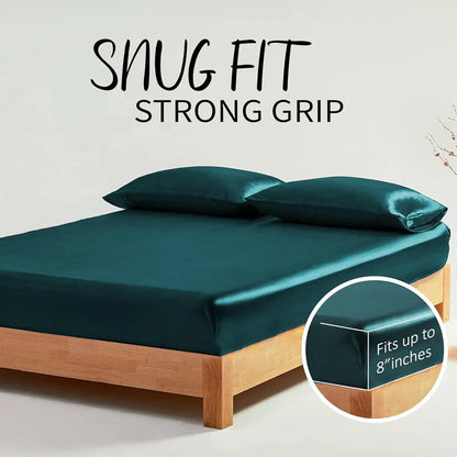 Cloth Fusion Satin Elastic Fitted Bedsheet for Double Bed King Size with 2 Pillow Covers H603 280 TC Peacock Green