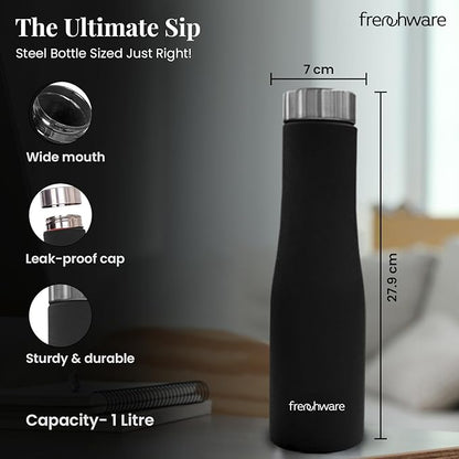 Frenchware Water Bottle 1 Litre, Stainless Steel, Premium SS 304, Shadow Black | Easy-to-Clean