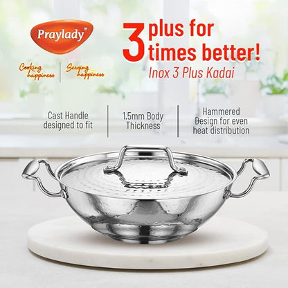 Praylady Stainless Steel Kadai with Lid Inox 3+ Series Dia 26cm 3.0L