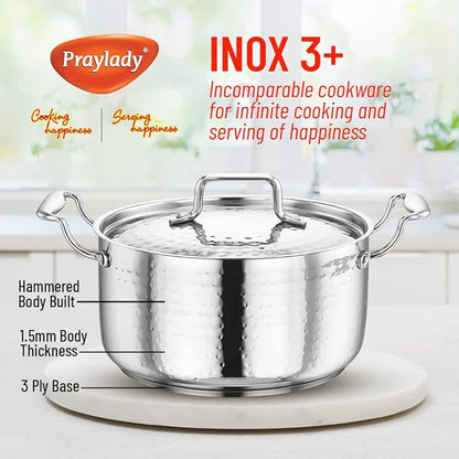 Praylady Stainless Steel Handi Casserole Without Handle 3 Ply Base Cooking Pot 22 cm Silver