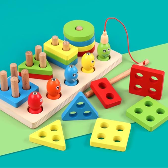 Kidology Kids Wooden Stacking Toys Shape Sorting Board & Wooden Toddler 21 Pcs