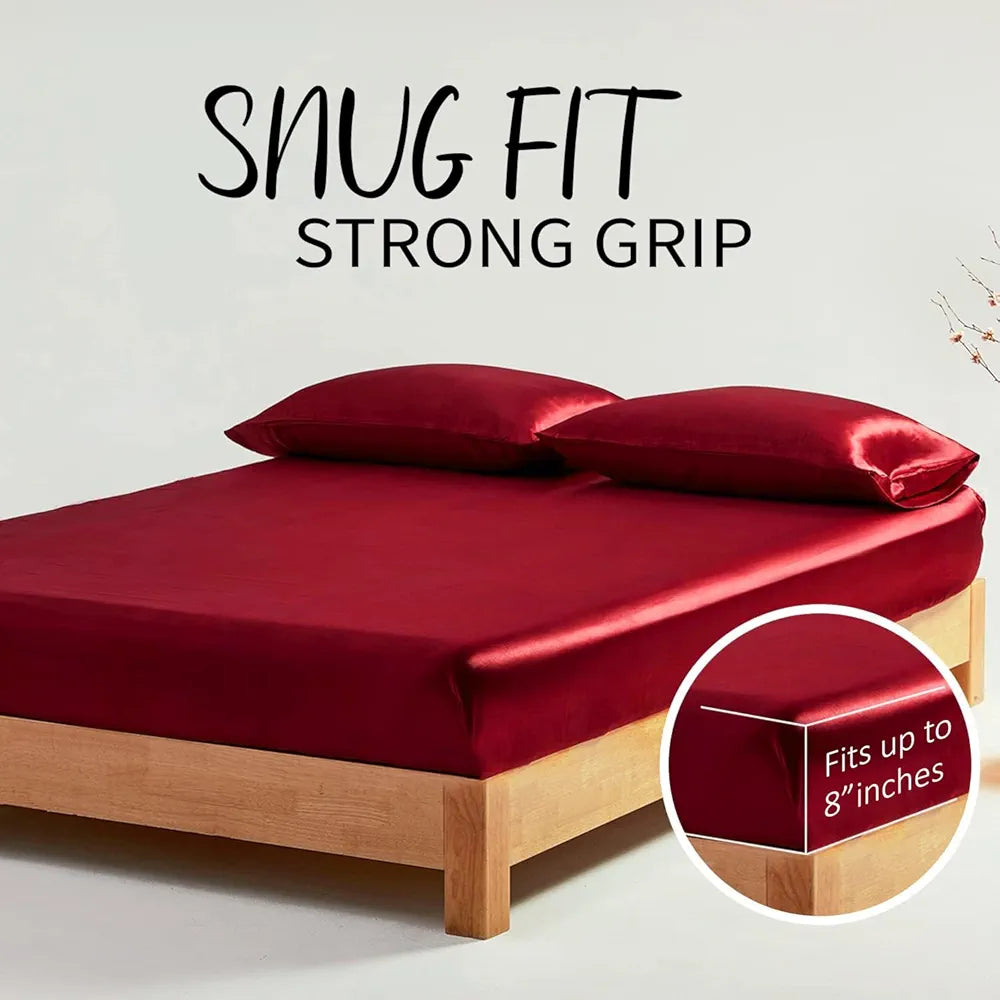 Cloth Fusion Satin Elastic Fitted Bedsheets Double Bed Luxury Queen Size Bed Sheet with 2 Pillow Covers Crimson Red