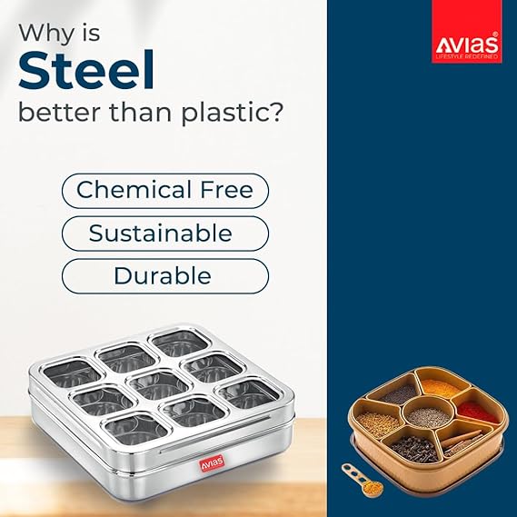 Avias 9 Square Stainless Steel Spice Box Organiser With 9 Compartment Popula Dabba Square Masala Dani Large