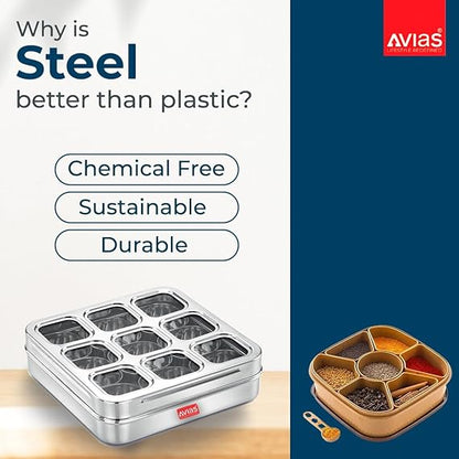 Avias 9 Square Stainless Steel Spice Box Organiser With 9 Compartment Popula Dabba Square Masala Dani Large