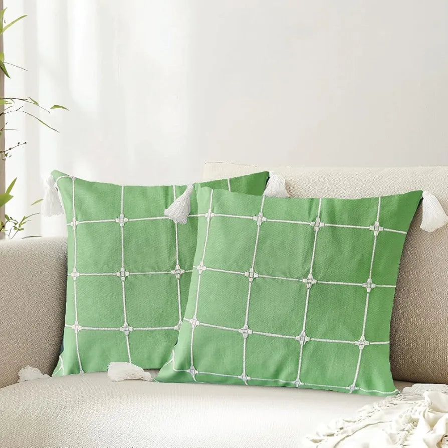 Urban Space Embroidered Cotton Cushion Cover Set of 2 Cushion Covers for Sofa, Bedroom, Living Room Aura Checks Green