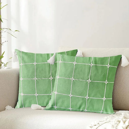 Urban Space Embroidered Cotton Cushion Cover Set of 2 Cushion Covers for Sofa, Bedroom, Living Room Aura Checks Green