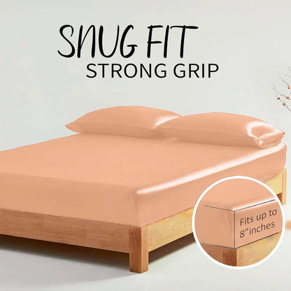 Cloth Fusion Satin Elastic Fitted Bedsheets Double Bed Luxury Queen Size Bed Sheet with 2 Pillow Covers Peach