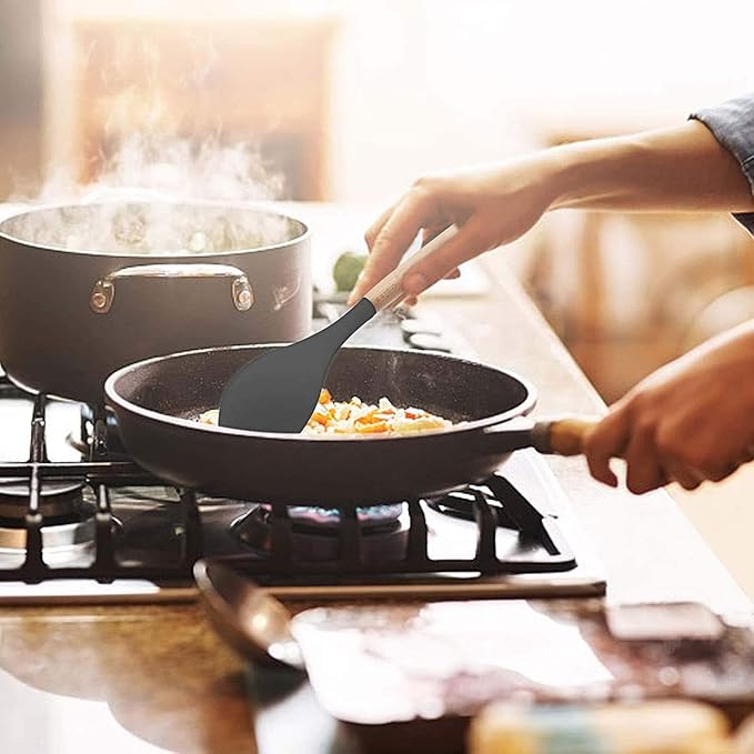 Woodtula Silicone Cooking Utensils Kitchen Utensil Set Heat Resistant Wooden Handles Grey