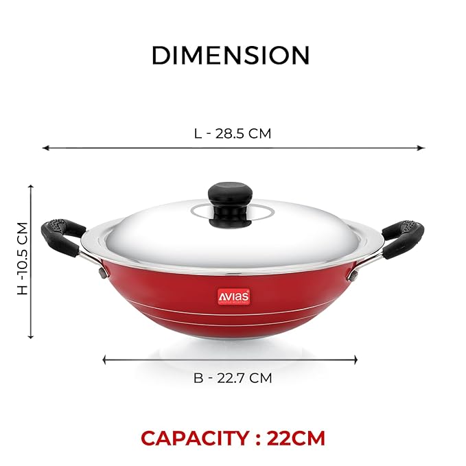Avias Indiana Appa Chetty 22cm Nonstick Aluminium Kadhai With Stainless Steel Lid