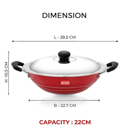Avias Indiana Appa Chetty 22cm Nonstick Aluminium Kadhai With Stainless Steel Lid