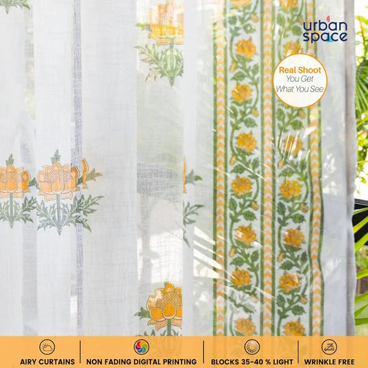 Urban Space Printed Sheer Linen Curtains for Door Light Filtering Linen Textured Decorative Curtains with Eyelets and TieBack for Bedroom Set of 2 Curtains Modern Yellow