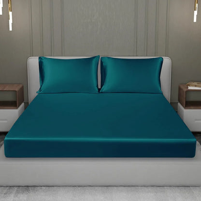 Cloth Fusion Satin Elastic Fitted Bedsheet for Double Bed King Size with 2 Pillow Covers H603 280 TC Peacock Green