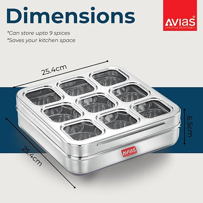 Avias 9 Square Stainless Steel Spice Box Organiser With 9 Compartment Popula Dabba Square Masala Dani Large