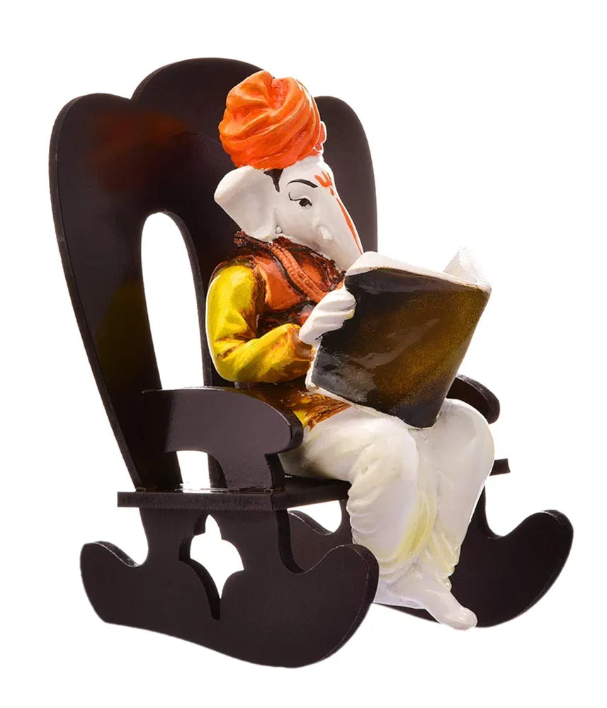 Karigaari India Ganesha Resting on Rocking Chair - Brown & White